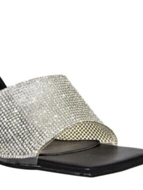 BRAND NEW CATHY DIN SILVER RHINESTONE SQUARE TOE WOMENS HEEL SANDAL